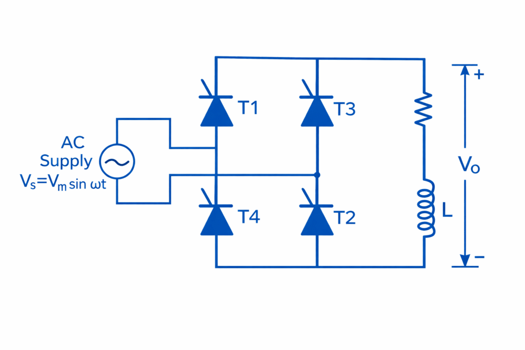 “Circuit diagram of single phase fully controlled bridge rectifier with RL load”