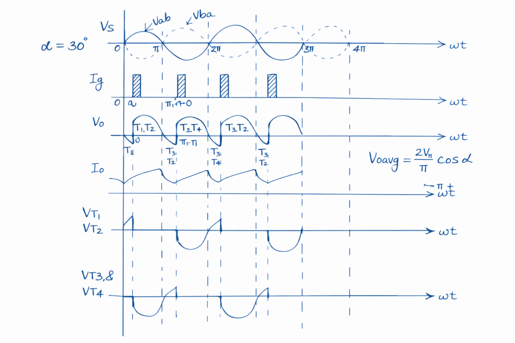 single phase fully controlled rectifier with rle load waveform