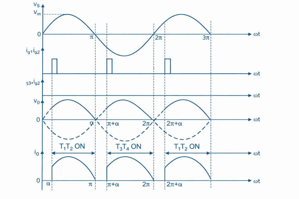 “Waveforms of single phase full wave bridge converter with R load”