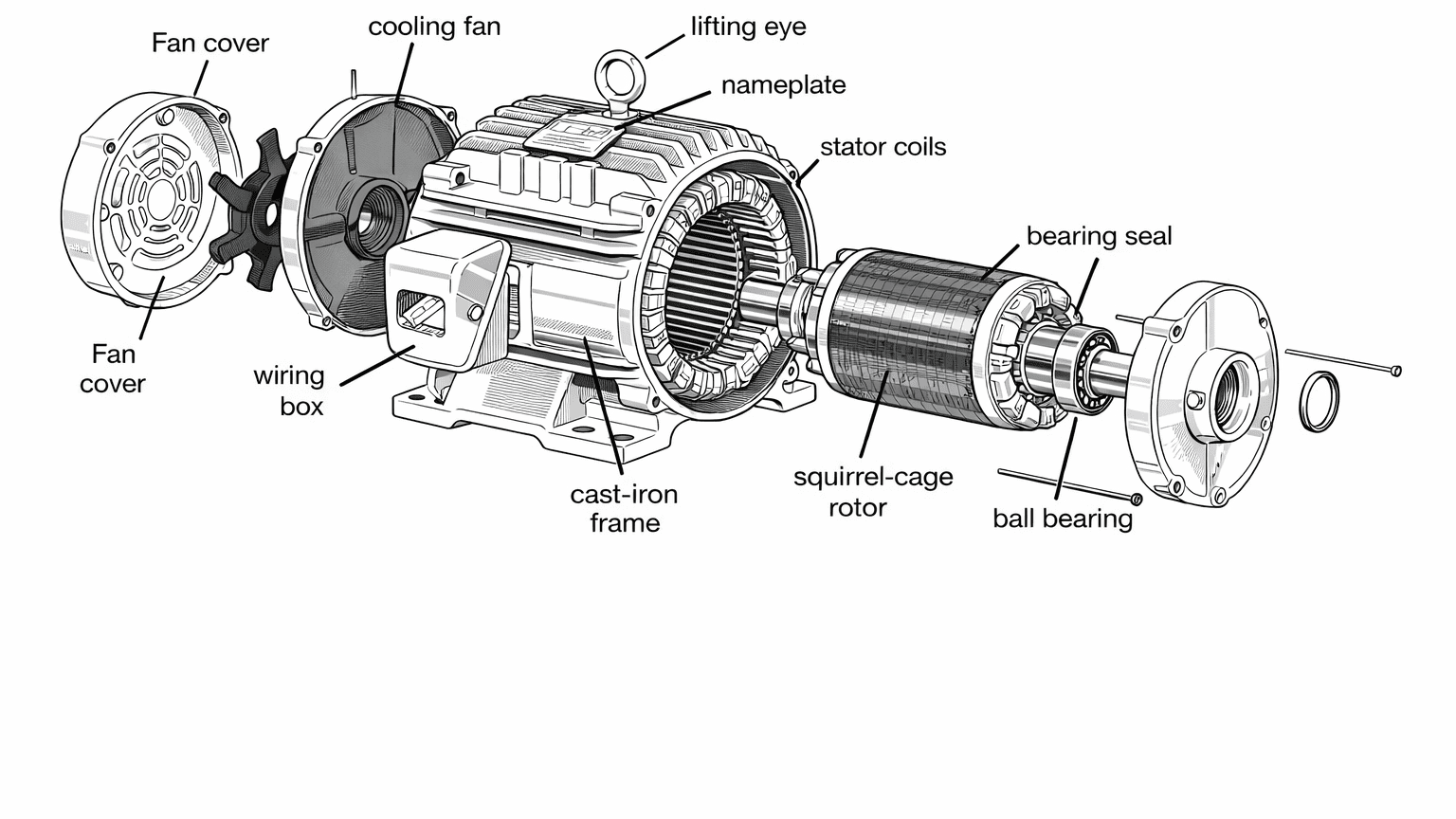 Construction diagram of three phase induction motor