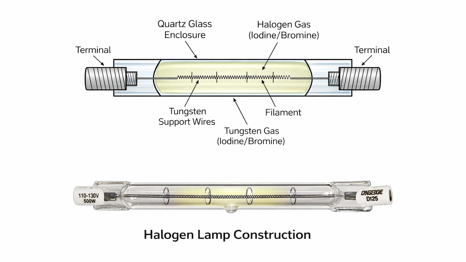 Labeled diagram of a halogen lamp showing quartz glass enclosure, tungsten filament, support wires, halogen gas inside the capsule, and electrical terminals at both ends.
