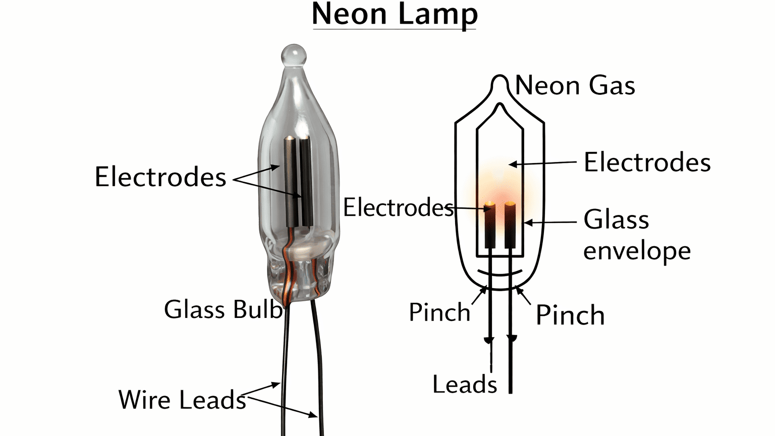 Combined diagram of a neon lamp showing glass envelope filled with neon gas, two internal electrodes, pinch seal at the bottom and external wire leads.